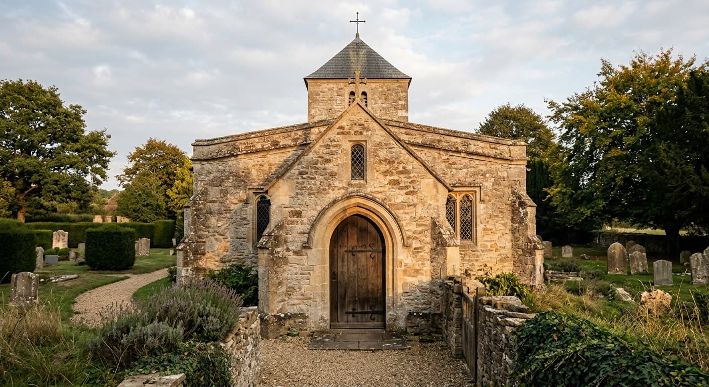 A small stone chapel exterior in warm late-afternoon light